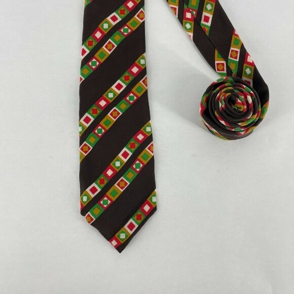 Gallieni Necktie Men's Brown Red Green Yellow Geometric Silk Short Narrow Skinny - Picture 2 of 6